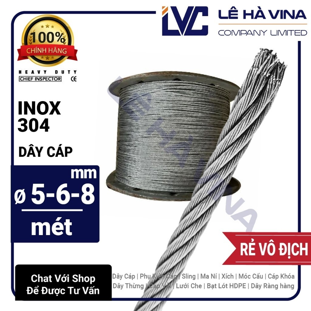 Dây Cáp INOX 304 Siêu Bền Phi 5mm 6mm 8mmTính Theo Mét,Cắt Theo Ưu Cầu ...