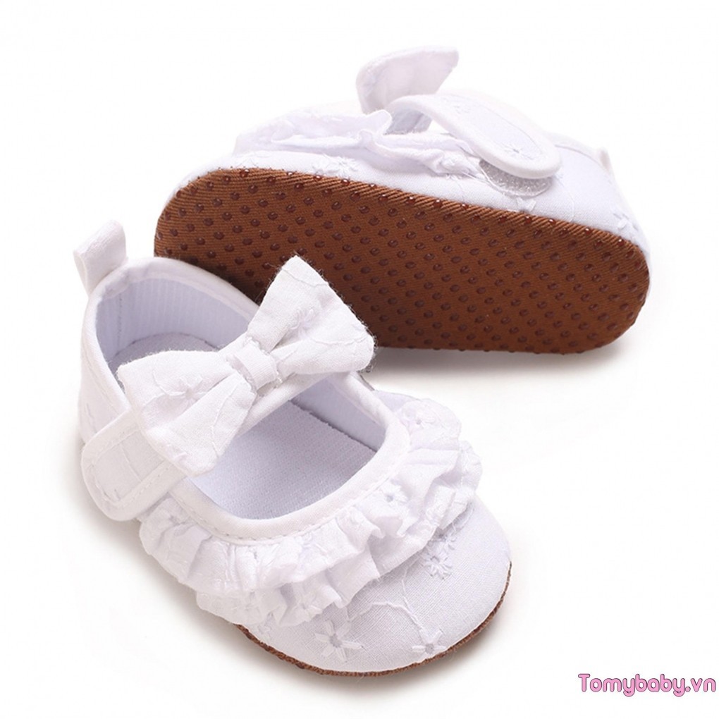 Trẻ Sơ Sinh Bé Gái Đế Bằng Ren Dễ Thương Nơ Đế Mềm Prewalker Chống Trơn Trượt Đầu Tiên Giày Tập Đi