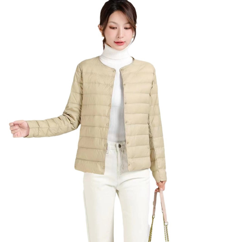 Nhẹ Cổ Tròn Xuống Áo Khoác Nữ Ấm Lót Ngắn Kích Thước Lớn Áo Thu Đông Nữ Không Cổ