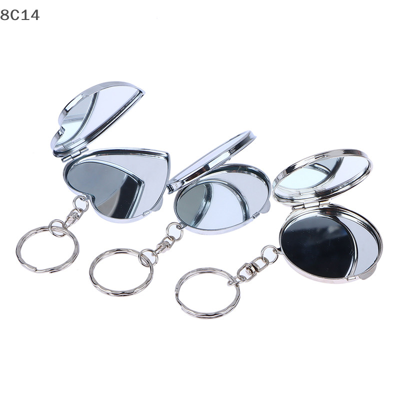 Gương trang điểm kim loại gấp móc khóa, hình trái tim/tròn/vuông, thiết kế 8C14 [8C]