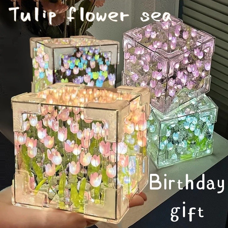 Mô Phỏng Hoa Phòng Ngủ Đèn Bàn Ngủ DIY Tulip Gương Khối Đèn Thủ Công Hoa Tulip Gương Đèn Ngủ Cho Quà Tặng Sinh Nhật