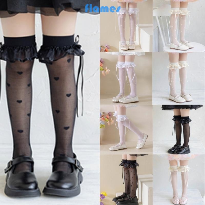 Fl Lưới Đầu Gối Tất Cho Bé Gái Lụa Thoáng Khí Nhìn Xuyên Qua Tất Cho Trường Học Đầm Trẻ Em Ren Viền Tất