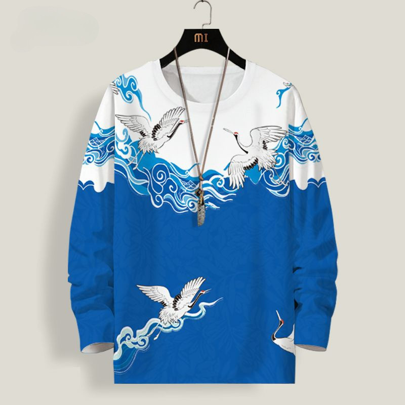 Dài Tay Áo T-Shirt Trung Quốc Phong Cách Cho Nam Giới Crane Top Mùa Thu Lỏng Cộng Với Kích Thước Hàng Đầu Thanh Niên Quần Áo
