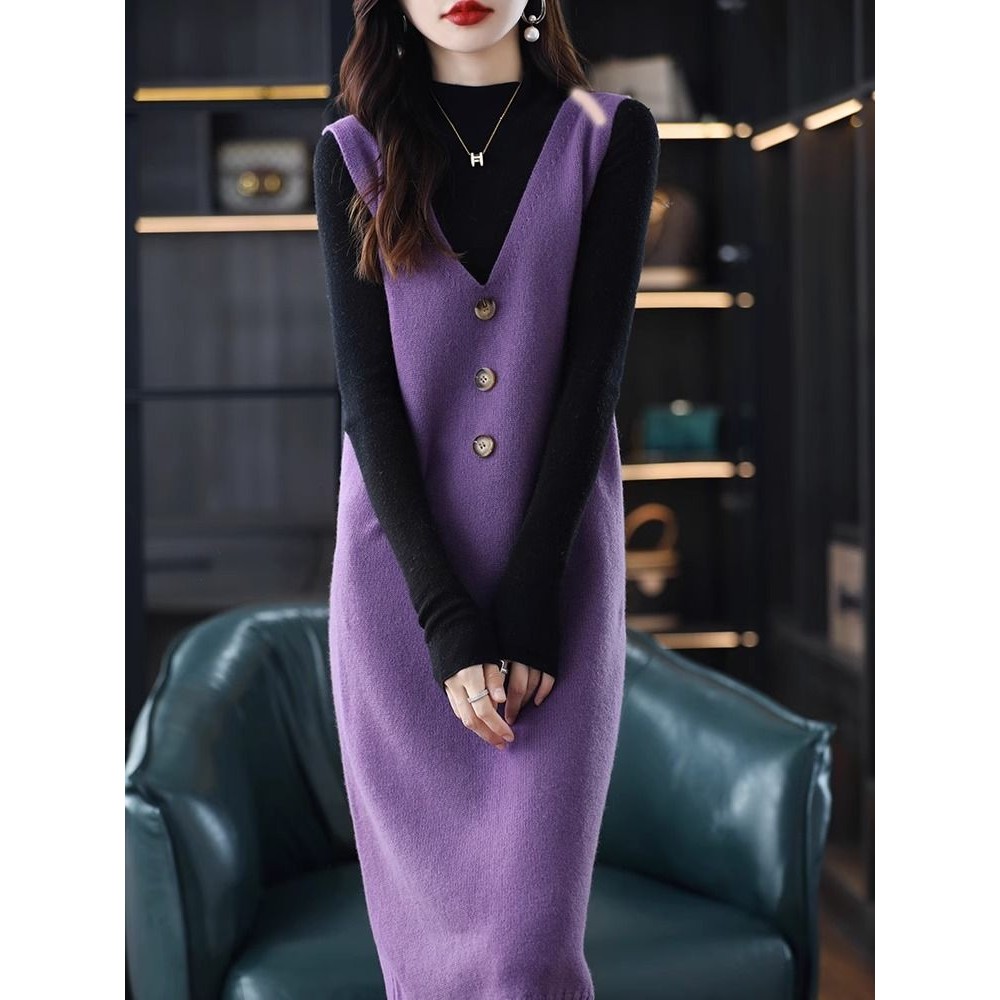 Váy Vest dài vừa phải Váy Vest nữ Váy len dệt kim không tay cổ chữ V Váy phù hợp.