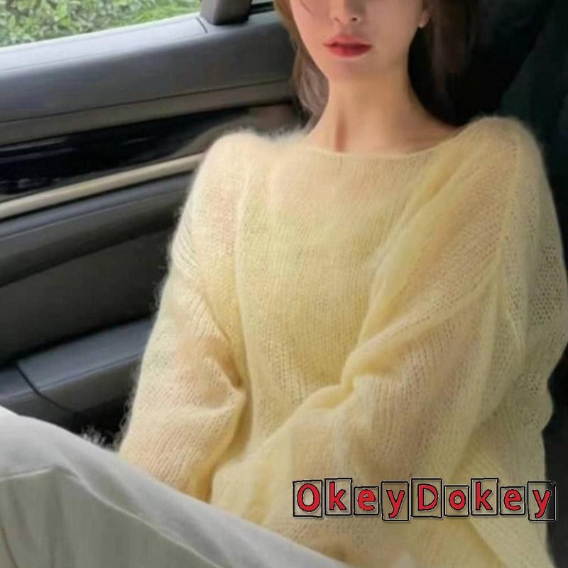 Okdk-nữ Mùa Hè Nhẹ Dệt Kim Áo Màu Trơn Dài Tay Muỗng Cổ Rỗng Ra Sheer Áo Len