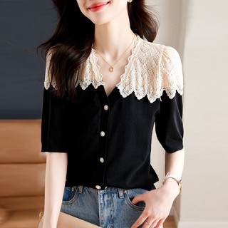 Áo cardigan cổ chữ V ngắn tay phong cách Hepburn Pháp, màu sắc tương phản, trendy 2025