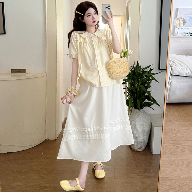 Bộ đồ bà bầu Áo sơ mi thiết kế dáng rộng mùa hè + Váy ren Bộ đồ hai mảnh