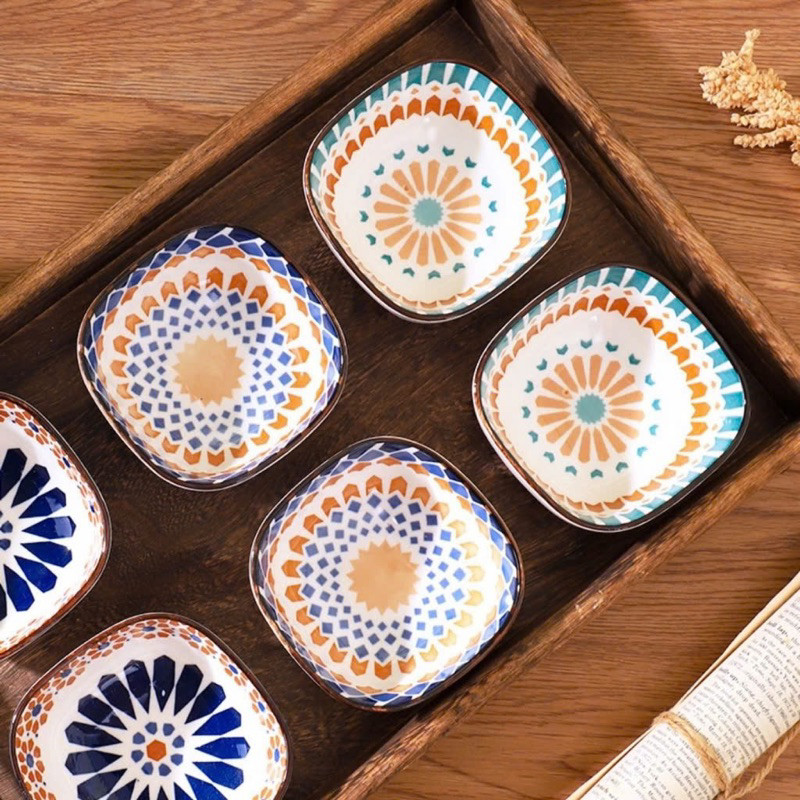 Bát sứ đựng nước chấm đồng tiền Chén đựng gia vị gốm sứ phong cách Nhật Bản họa tiết thổ cẩm