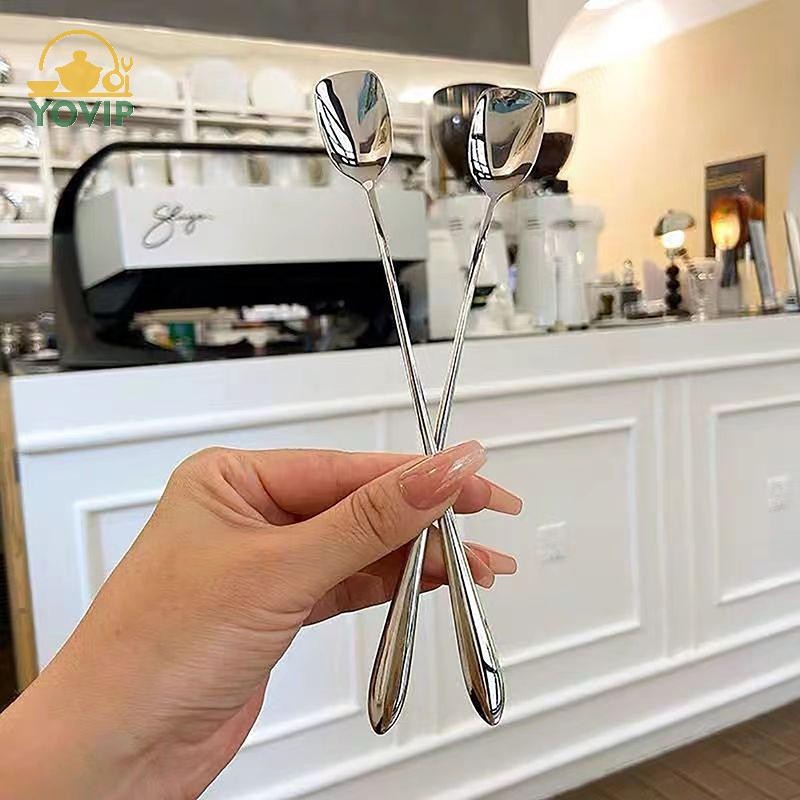 YOVIP 20CM Thép không gỉ Tay Cầm Dài Thìa Khuấy Sáng Tạo Kem Món Tráng Miệng Muỗng Cocktail Hàn Quốc Cà Phê Trà Trộn Thìa Flatware VN