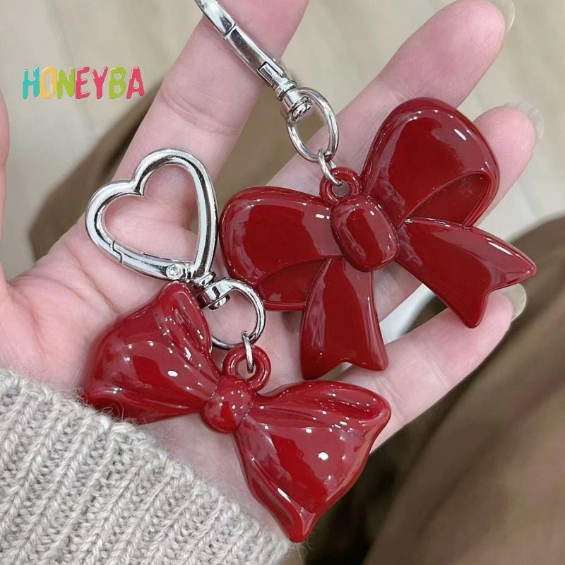 < Honeyba > Mặt dây chuyền móc khóa Acrylic hình trái tim nơ màu đỏ đơn giản dành cho nữ Cô gái Phụ kiện trang trí ba lô đa năng Quà tặng