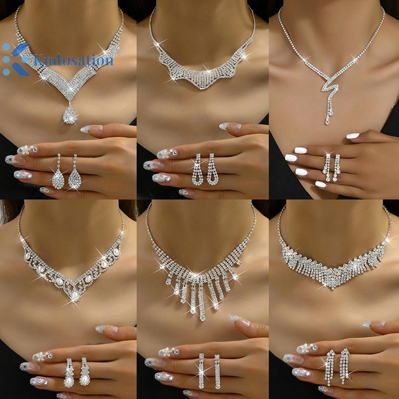Kudosation 2 Chiếc Thời Trang Kim Cương Giả Dây Chuyền Bông Tai Bộ Trang Sức Nữ Cưới Phụ Kiện Quà Tặng