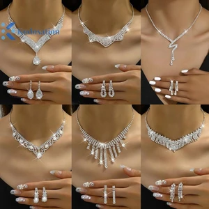 Kudosation 2 Chiếc Thời Trang Kim Cương Giả Dây Chuyền Bông Tai Bộ Trang Sức Nữ Cưới Phụ Kiện Quà Tặng