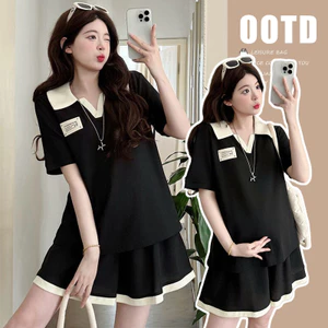 Bộ đồ bà bầu mùa hè, hai mảnh cổ polo dáng rộng thoải mái