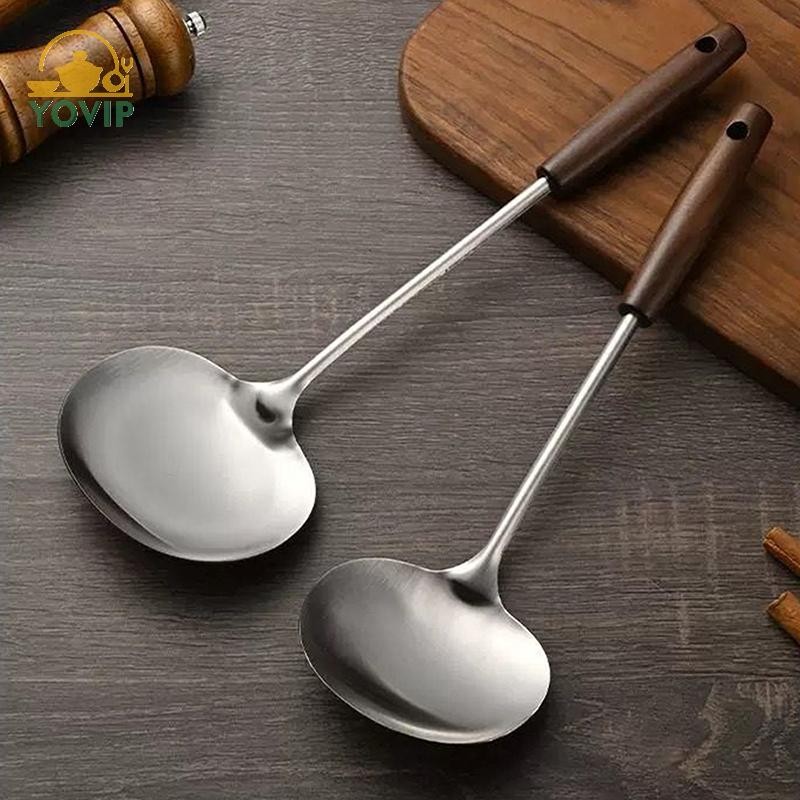 YOVIP Chảo Inox Thìa Nấu Ăn Cụ Thể Đầu Bếp Bằng Gỗ Tay Cầm Dài Nấm Xẻng Nhà Bếp Dụng Cụ Nấu Ăn VN