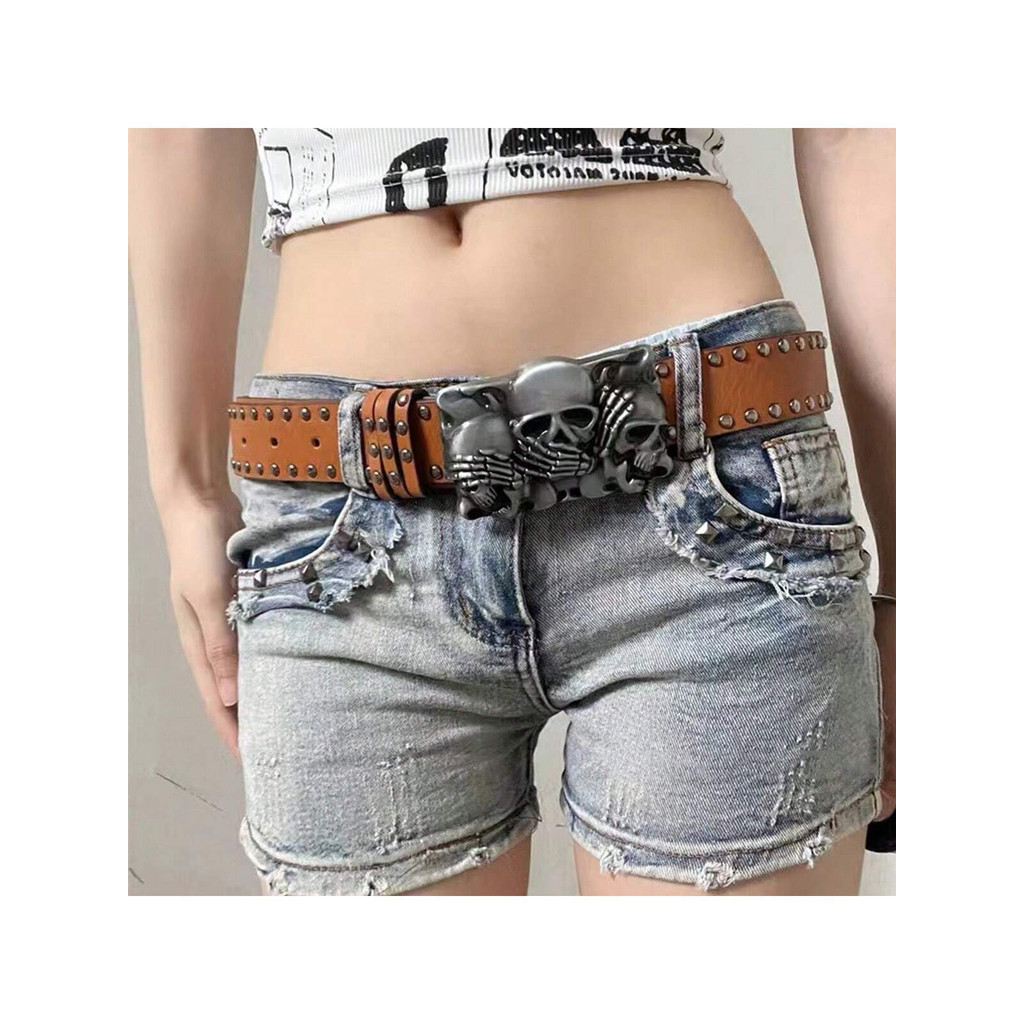 Thắt lưng punk skull đinh tán da gothic, điều chỉnh được, phù hợp unisex