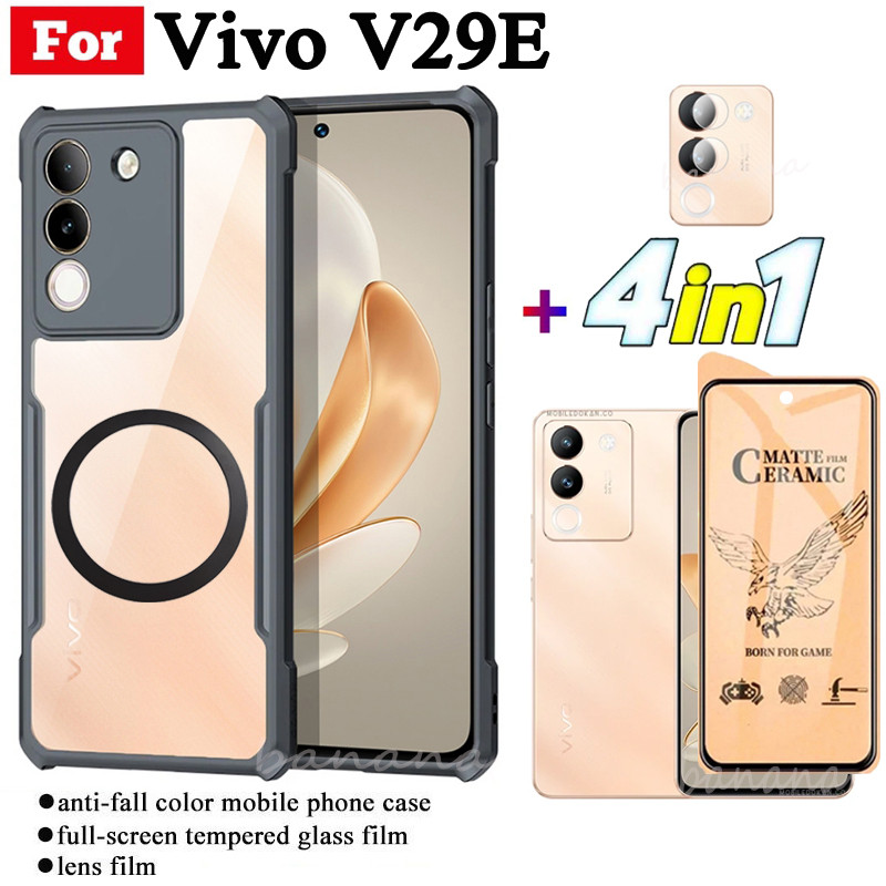Ốp điện thoại chống sốc 4 trong 1 Vivo V29E có nhãn dán sạc không dây từ tính cho Vivo V27E V25E V23E V40 Lite V50 Lite Kính cường lực bảo mật chống gián điệp + Phim ống kính