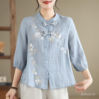 Áo sơ mi nữ style Trung Quốc, thêu tỉ mỉ, cổ Mandarin thời thượng