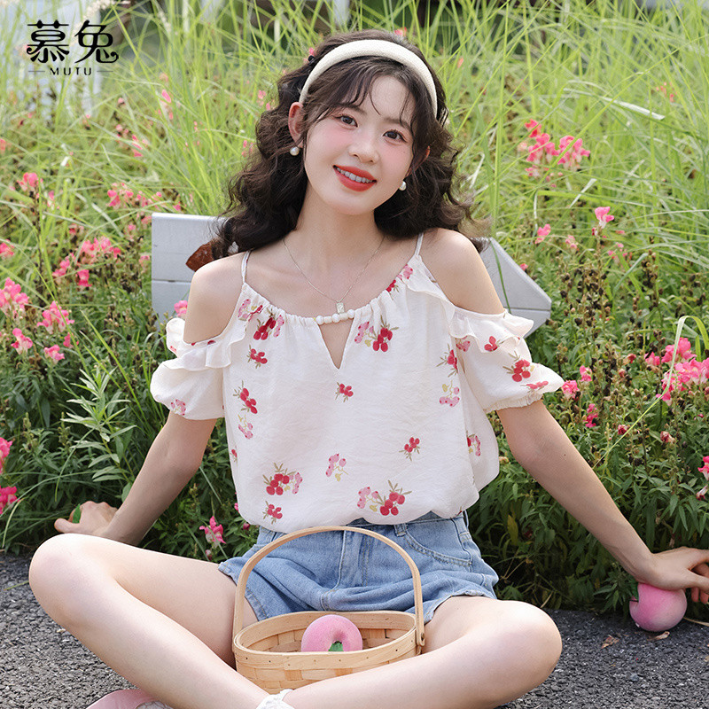 Mutu Áo sơ mi nữ phong cách Pháp ngọt ngào, cổ đào, hoa rời, thiết kế mới cho mùa hè