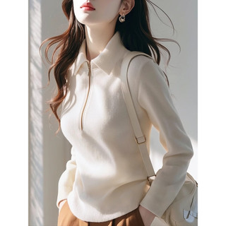 Áo len cổ polo trắng tay dài dành cho nữ, phù hợp mùa thu với chất liệu dệt kim mỏng nhẹ