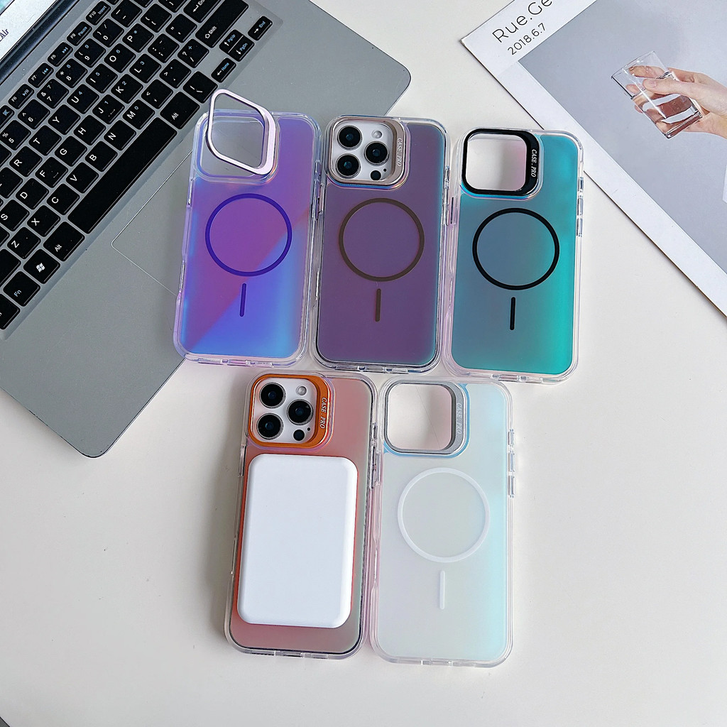 Giá đỡ kim loại Gradient Bảo vệ ống kính Vỏ từ tính chống sốc cho iPhone 17 Air 16 15 14 13 12 Pro Max Plus 16e Vỏ sạc không dây