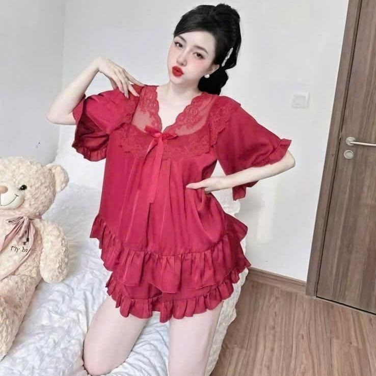 Bộ Đồ Ngủ Babydoll Cổ Ren Hoa Chất Vải Lụa Latin CL