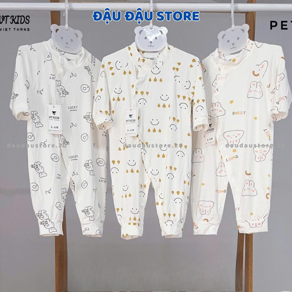 (Set 2 - Set 3) Body Thun Petit Dài Tay Trắng Phối VT Cúc Bấm Mềm Mịn Cho Bé Sơ Sinh 3-9kg VT-BD08 Đậu Đậu Store