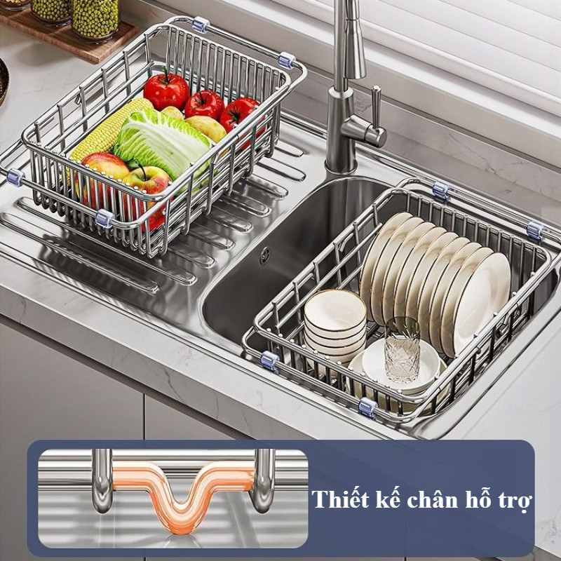 Rổ Gác Bồn Rửa Bát Đa Năng, Retractable, đệm silicone chống trượt, thoát nước nhanh