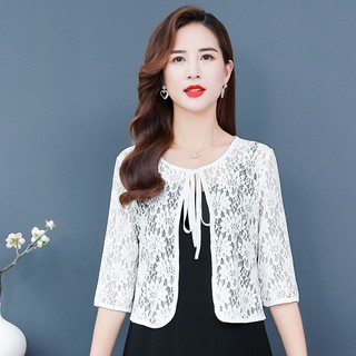 Khăn choàng ren phối bên ngoài áo cardigan thời trang cỡ lớn thon gọn rộng rãi cho nữ áo khoác dễ phối mẫu ngắn chống nắng rỗng áo mùa hè