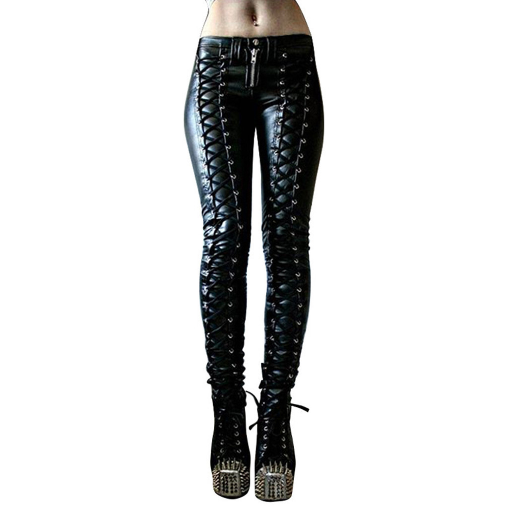 Codstore _ livecity Steampunk Nữ Giả Da Cosplay Quần Carnival Đảng Skinny Nút Quần