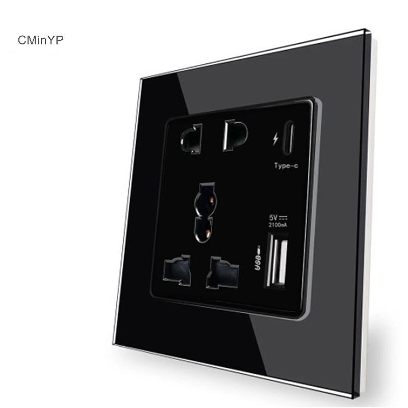 Cminyp Power 2100MA Ổ cắm USB Bảng điều khiển thủy tinh pha lê 13A UK Wall Type C Ổ cắm giao diện Glory