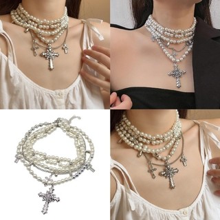Exhila Vintage Ngọc Trai Nhiều Lớp Dây Vòng Cổ Choker Với Hợp Kim Chắc Chắn Chữ Thập Mặt Dây Chuyền Trang Sức Phụ Kiện Cho Hợp Thời Trang