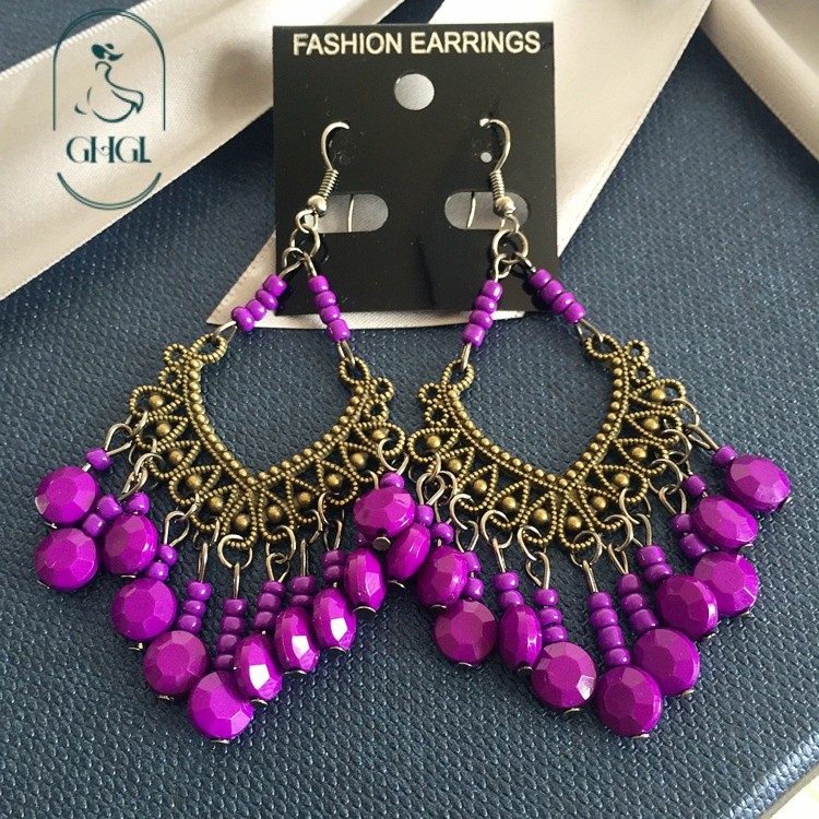 [Ghgl] Hàng có sẵn hs Bông tai ngoại thương phổ biến Phong cách dân tộc Bohemian Bông tai đính cườm dài Bông tai đầy màu sắc dành cho nữ