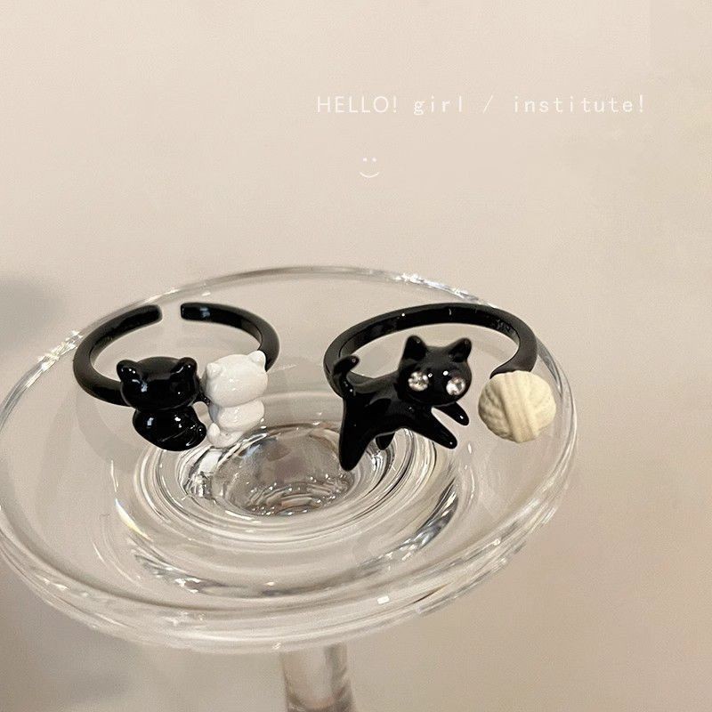 Hoạt Hình Vui Nhộn Mèo Đen Nhẫn Nữ Mở Đầu Có Thể Điều Chỉnh Dễ Thương Đơn Giản Phù Hợp Với Nhẫn