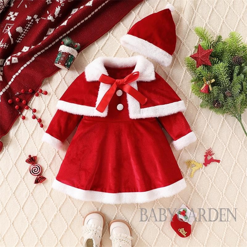 / / -6Month-4 Tuổi Váy cổ tròn dài tay Giáng sinh cho bé gái với mũ ông già Noel và khăn choàng mũi