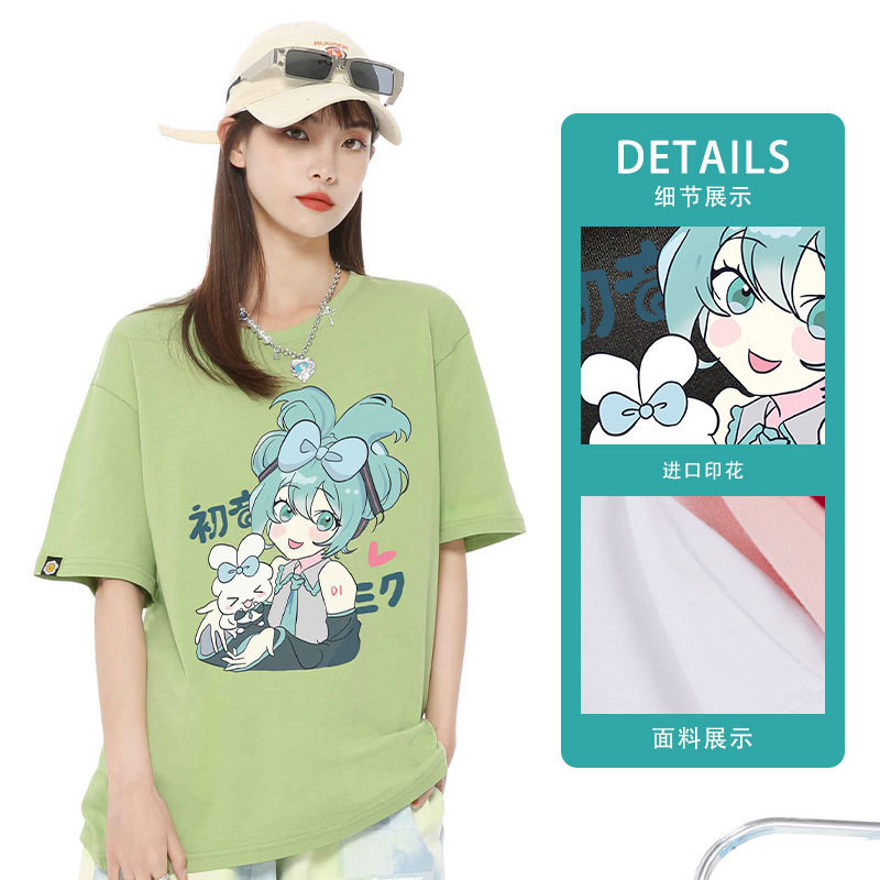 Áo thun cỡ lớn cotton in Hatsune Miku Cinnamon Dog dáng rộng cổ tròn mùa hè, phù hợp cho nam nữ, cặp đôi mặc