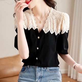 Áo cardigan cổ chữ V ngắn tay phong cách Hepburn Pháp, màu sắc tương phản, trendy 2025