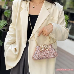 Ví ly hợp buổi tối dành cho nữ Hoa kim loại thanh lịch Kim sa lấp lánh Túi xách trang trọng có dây chuyền cho tiệc cưới Cocktail
