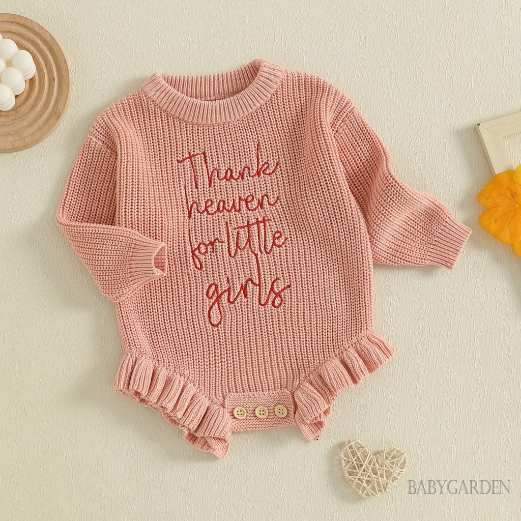 / / -Baby Bé Gái Áo Len Rompers Họa Tiết Chữ Ruffles Cổ Tròn Dài Tay Mùa Thu Body Jumpsuits