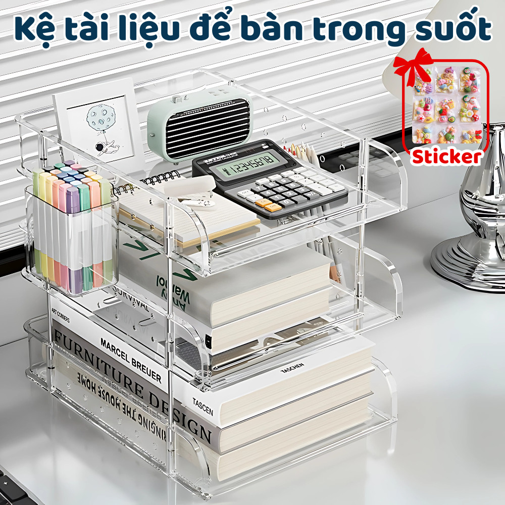 Kệ Đựng Tài Liệu Trong Suốt Tầng Để Bàn, Giá Để Sách Thông Minh Gấp Gọn