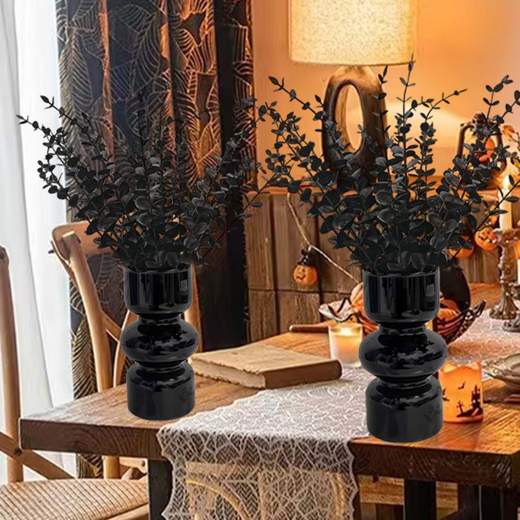Đồ trang trí Halloween Lá bạch đàn màu đen nhân tạo 38cm Phong cách tối với thân dây có thể uốn cong - 10 / 40 CÁI Trang trí nhà cửa tiệc ma quái