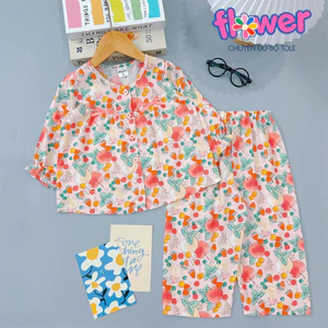 Bộ tole lanh bé gái tay dài quần dài cài nút 2 nơ - Đồ bộ tole Flower