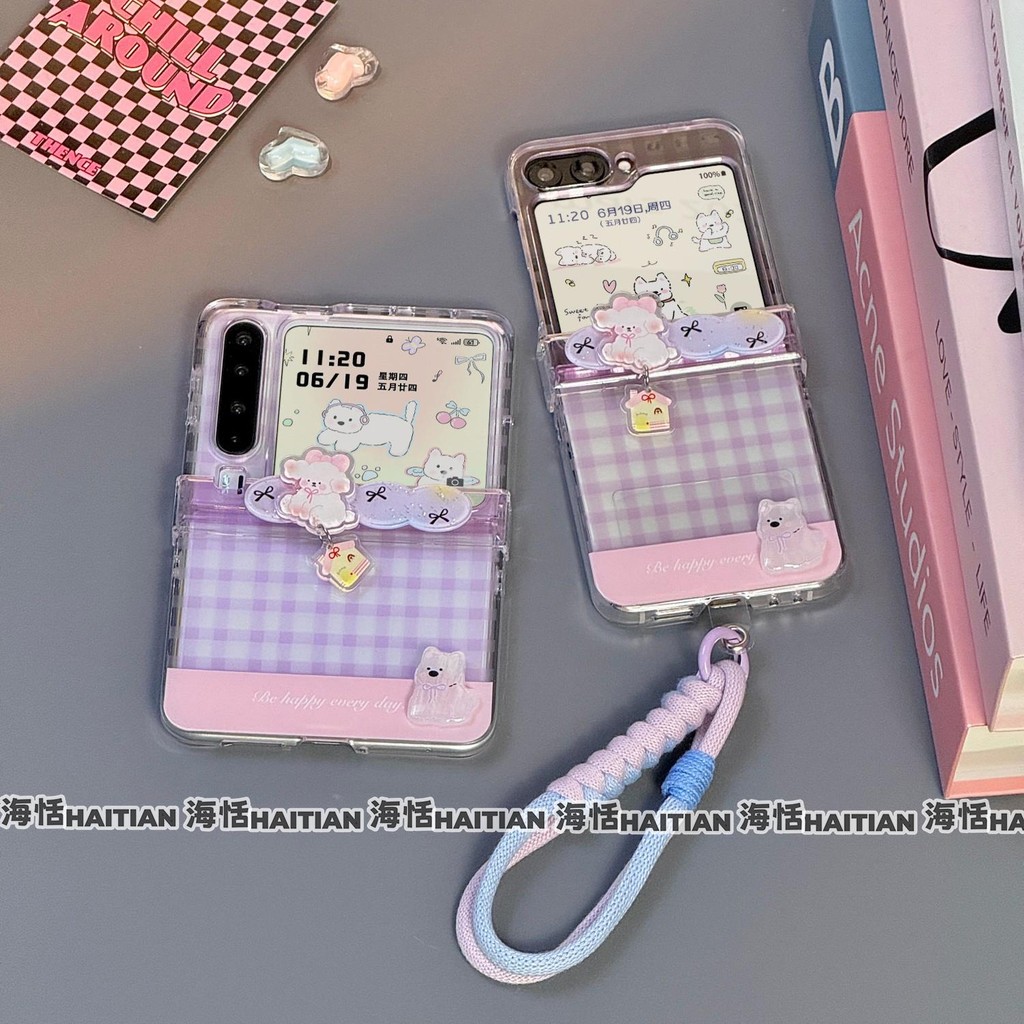 Phim Hoạt Hình Mới Màu Tím Checker Puppy Dây Buộc Ốp Lưng Điện Thoại Thích Hợp Cho Samsung Galaxy ZFlip7 Gấp Vỏ Vòng Tay Cho ZFlip 5 6 4 5G N3Flip MixFlip Túi Bản Lề Bảo Vệ
