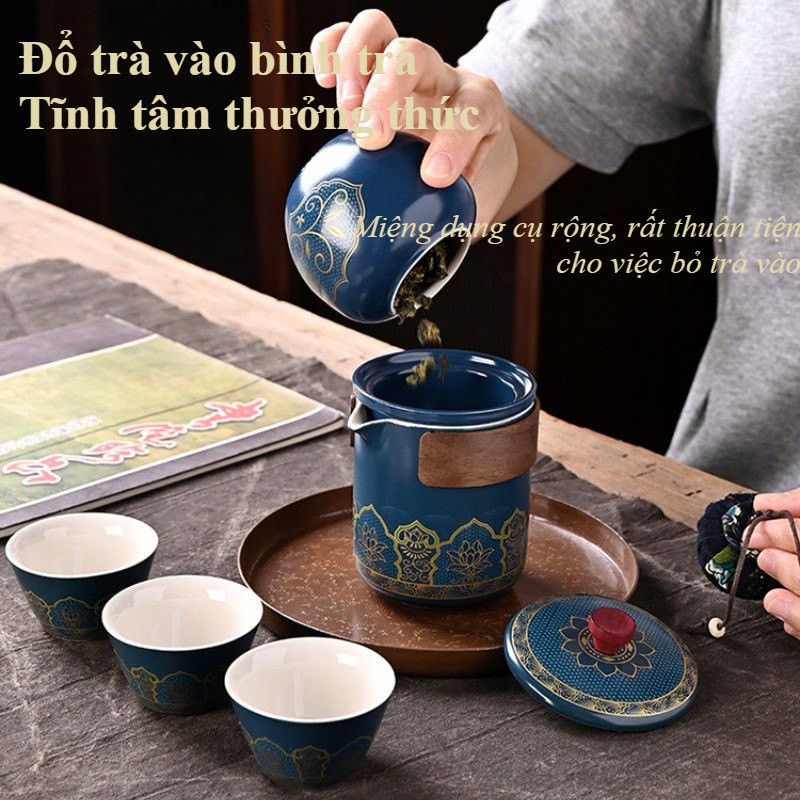 Bộ ấm trà du lịch 6 món, Gốm sứ tráng men cao cấp, kèm túi da sang trọng, tiện lợi mang đi mọi nơi