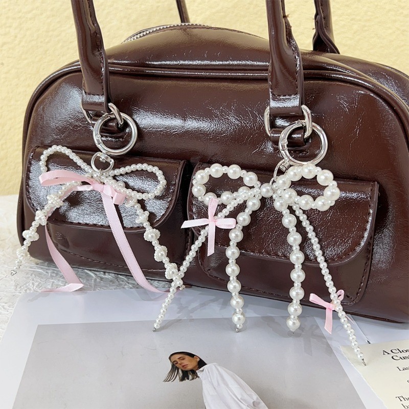 Y2K Màu Hồng Ribbon Bow Pearl Backpack Mặt Dây Chuyềns - Móc Khóa Sáng Tạo/Điện Thoại Di Động Mặt Dây Chuyền
