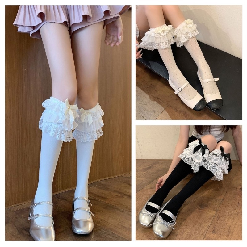 Woke Tất đến mắt cá chân Frilly thời trang với ren xếp tầng nơ ngọt ngào Tất bê cánh cho các bữa tiệc và trang phục thường ngày