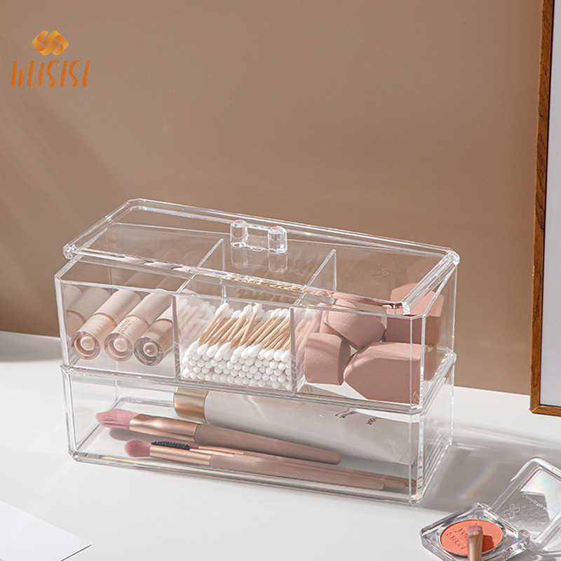 [WUSISI] Hộp đựng mỹ phẩm trong suốt Hộp đựng trang điểm Cotton Pad Hộp lưu trữ Máy tính để bàn Acrylic Sắp xếp MỚI