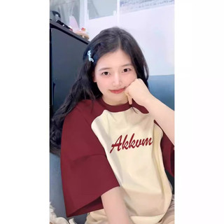 Áo thun nữ in chữ màu đỏ tía raglan tay ngắn dáng rộng chất cotton oversize