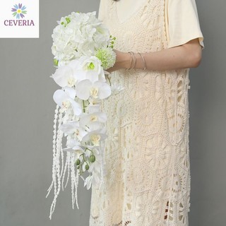 Bó hoa cưới cầm tay cô dâu nhân tạo CEVERIA thác đổ Lan mix