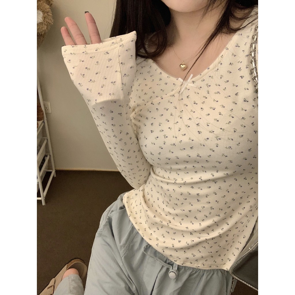 Suxi Thu Đông Pháp Retro Hoa Thời Trang Đơn Giản Slim Fit Áo Thun Dài Tay Nữ Top 240903