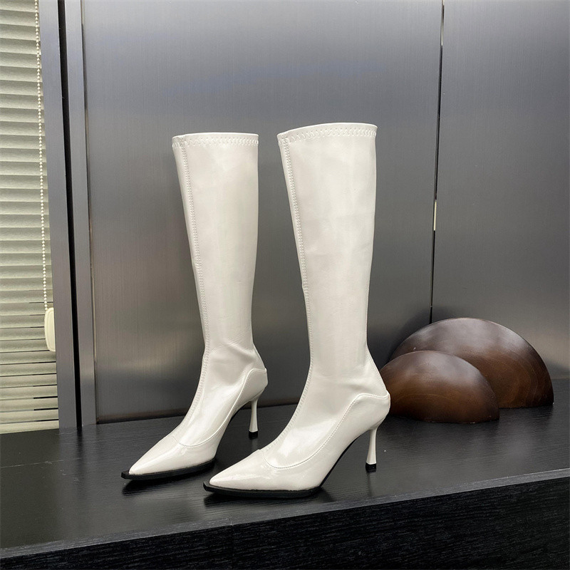 Kd Nhưng Giày Bốt Đầu Gối Nữ Mũi Vuông Stiletto Giữa Ống Giày Bốt Thu Đông Phong Cách Mới Giày Cao Cấp Burgundy Giày Da Sáng Chế